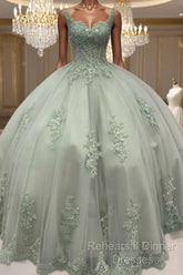 Sage Corset Ball Gown Appliques Tulle Dress